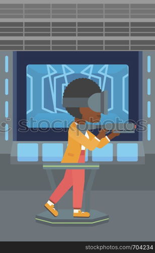 An african-american woman wearing virtual reality headset. Woman playing video game while standing on a treadmill with a gun in hands. Vector flat design illustration. Vertical layout.. Woman wearing virtual reality headset.