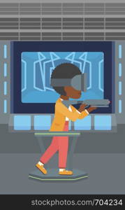 An african-american woman wearing virtual reality headset. Woman playing video game while standing on a treadmill with a gun in hands. Vector flat design illustration. Vertical layout.. Woman wearing virtual reality headset.