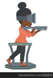 An african-american woman wearing virtual reality headset and standing on a treadmill with a gun in hands vector flat design illustration isolated on white background.. Full virtual reality.
