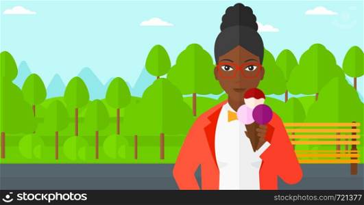 An african-american woman with a big ice cream in the park vector flat design illustration. Horizontal layout.. Woman holding icecream.