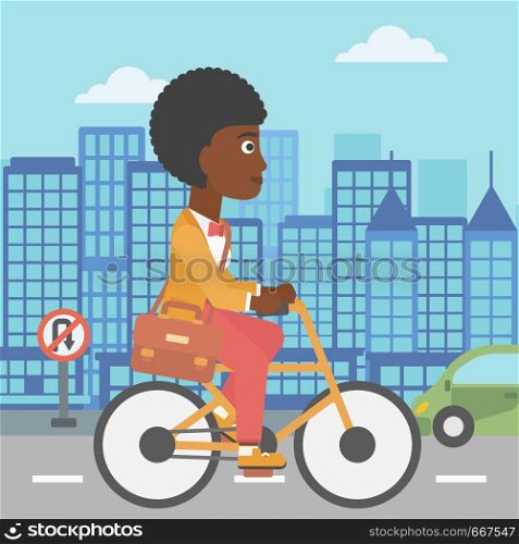 An african-american woman with a briefcase cycling to work on city background vector flat design illustration. Square layout.. Woman cycling to work.