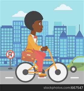 An african-american woman with a briefcase cycling to work on city background vector flat design illustration. Square layout.. Woman cycling to work.