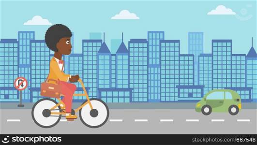 An african-american woman with a briefcase cycling to work on city background vector flat design illustration. Horizontal layout.. Woman cycling to work.