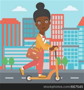 An african-american woman with a briefcase riding to work on scooter on city background vector flat design illustration. Square layout.. Woman riding on scooter.