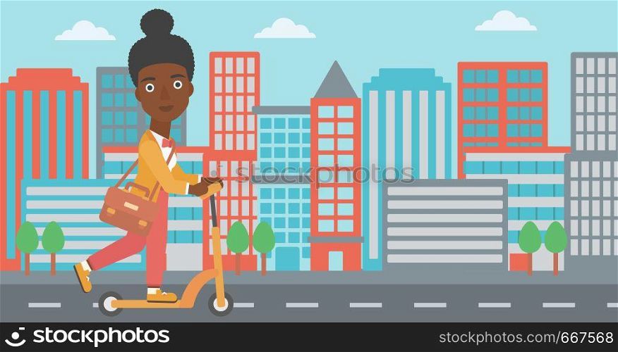 An african-american woman with a briefcase riding to work on scooter on city background vector flat design illustration. Horizontal layout.. Woman riding on scooter.