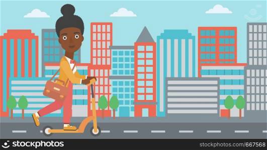 An african-american woman with a briefcase riding to work on scooter on city background vector flat design illustration. Horizontal layout.. Woman riding on scooter.