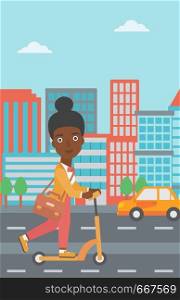 An african-american woman with a briefcase riding to work on scooter on city background vector flat design illustration. Vertical layout.. Woman riding on scooter.