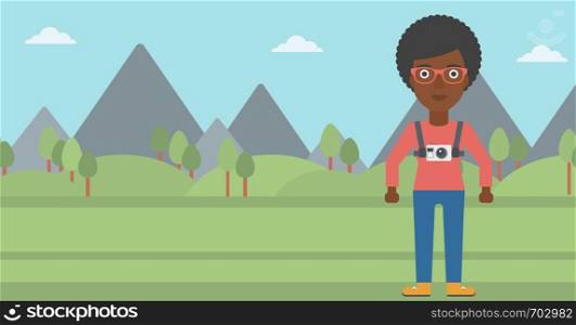 An african-american woman with a digital camera on her chest. Tourist with a digital camera standing on the background of mountains. Vector flat design illustration. Horizontal layout.. Woman with camera on chest vector illustration.