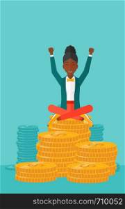 An african-american woman with a happy face and raised hands sitting on golden coins on a blue background vector flat design illustration. Vertical layout.. Happy business woman sitting on coins.