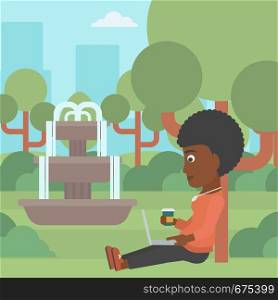 An african-american woman with cup of coffee studying in park using a laptop vector flat design illustration. Square layout.. Woman using laptop for education.