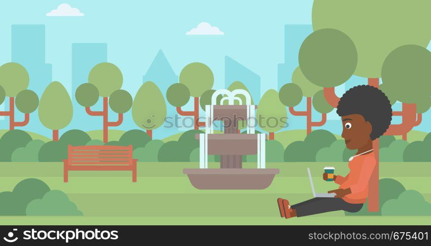 An african-american woman with cup of coffee studying in park using a laptop vector flat design illustration. Horizontal layout.. Woman using laptop for education.