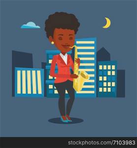 An african-american woman with eyes closed playing on saxophone in the night. Musician playing on saxophone. Musician with saxophone in the city street. Vector flat design illustration. Square layout.. Musician playing on saxophone vector illustration.