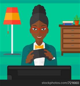 An african-american woman with gamepad in hands on a living room background vector flat design illustration. Square layout.. Woman playing video game.