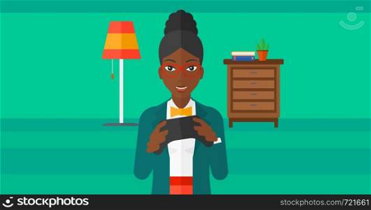 An african-american woman with gamepad in hands on a living room background vector flat design illustration. Horizontal layout.. Woman playing video game.