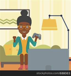 An african-american woman with gamepad in hands sitting on a sofa in living room vector flat design illustration. Square layout.. Woman playing video game.