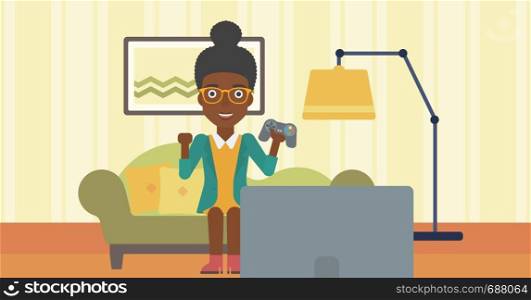 An african-american woman with gamepad in hands sitting on a sofa in living room vector flat design illustration. Horizontal layout.. Woman playing video game.