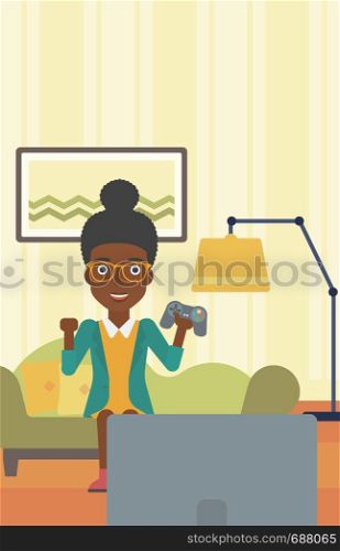 An african-american woman with gamepad in hands sitting on a sofa in living room vector flat design illustration. Vertical layout.. Woman playing video game.