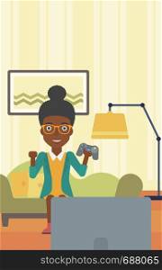 An african-american woman with gamepad in hands sitting on a sofa in living room vector flat design illustration. Vertical layout.. Woman playing video game.