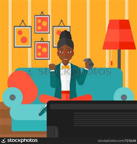 An african-american woman with gamepad in hands sitting on a sofa in living room vector flat design illustration. Square layout.. Woman playing video game.