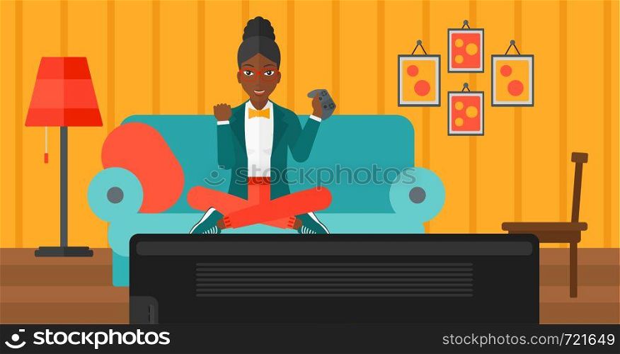 An african-american woman with gamepad in hands sitting on a sofa in living room vector flat design illustration. Horizontal layout.. Woman playing video game.