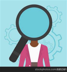 An african-american woman with magnifier instead of head standing on a blue background with cogwheels. Concept of staff recruitment. Vector flat design illustration. Square layout.. Woman with magnifier instead of head.