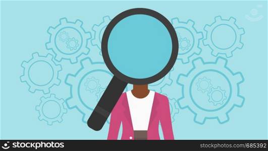 An african-american woman with magnifier instead of head standing on a blue background with cogwheels. Concept of staff recruitment. Vector flat design illustration. Horizontal layout.. Woman with magnifier instead of head.
