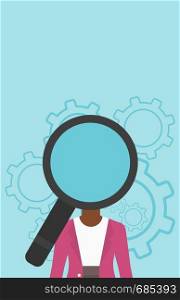 An african-american woman with magnifier instead of head standing on a blue background with cogwheels. Concept of staff recruitment. Vector flat design illustration. Vertical layout.. Woman with magnifier instead of head.