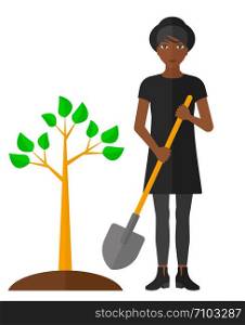An african-american woman with the shovel plants a tree vector flat design illustration isolated on white background. . Woman plants tree.