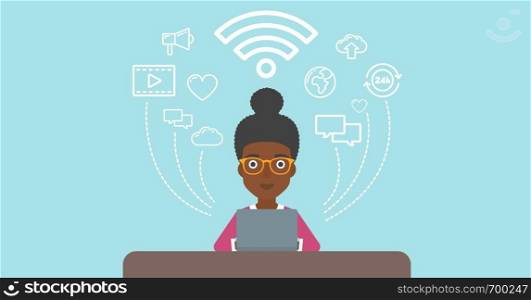 An african-american woman working on a laptop and social computer network icons above him. Vector flat design illustration. Horizontal layout.. Woman working on laptop vector illustration.