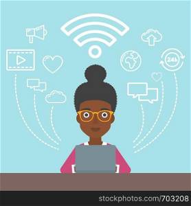 An african-american woman working on a laptop and social computer network icons above him. Vector flat design illustration. Square layout.. Woman working on laptop vector illustration.