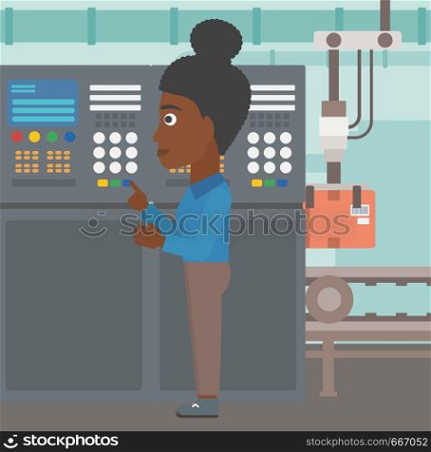 An african-american woman working on control panel. Woman pressing button at control panel in plant. Engineer standing in front of the control panel. Vector flat design illustration. Square layout.. Engineer standing near control panel.