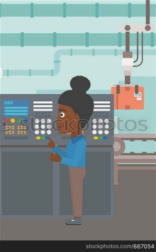 An african-american woman working on control panel. Woman pressing button at control panel in plant. Engineer standing in front of the control panel. Vector flat design illustration. Vertical layout.. Engineer standing near control panel.