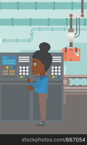 An african-american woman working on control panel. Woman pressing button at control panel in plant. Engineer standing in front of the control panel. Vector flat design illustration. Vertical layout.. Engineer standing near control panel.