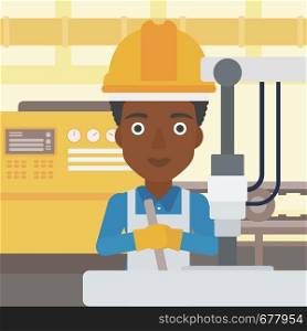 An african-american woman working on industrial drilling machine. Woman using drilling machine at manufactory. Metalworker drilling at workplace. Vector flat design illustration. Square layout.. Woman working on industrial drilling machine.