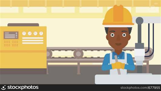 An african-american woman working on industrial drilling machine. Woman using drilling machine at manufactory. Metalworker drilling at workplace. Vector flat design illustration. Horizontal layout.. Woman working on industrial drilling machine.
