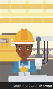 An african-american woman working on industrial drilling machine. Woman using drilling machine at manufactory. Metalworker drilling at workplace. Vector flat design illustration. Vertical layout.. Woman working on industrial drilling machine.