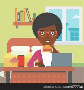 An african-american woman working on laptop while eating junk food on the background of bedroom vector flat design illustration. Square layout.. Woman eating hamburger.