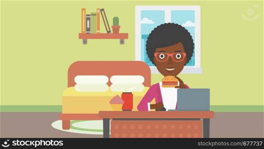 An african-american woman working on laptop while eating junk food on the background of bedroom vector flat design illustration. Horizontal layout.. Woman eating hamburger.
