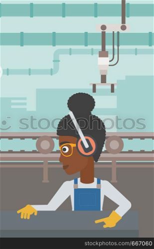 An african-american woman working on metal press machine. Worker in headphones operating metal press machine at workshop. Woman using press machine. Vector flat design illustration. Vertical layout.. Woman working on metal press machine.