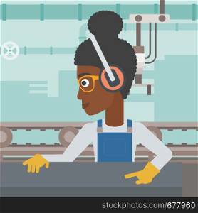 An african-american woman working on metal press machine. Worker in headphones operating metal press machine at workshop. Woman using press machine. Vector flat design illustration. Square layout.. Woman working on metal press machine.
