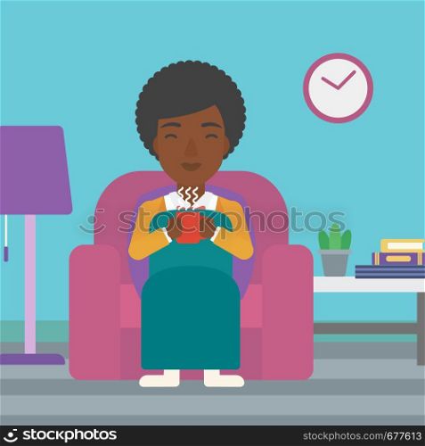 An african-american woman wrapped into a plaid sitting in chair in living room and holding a cup of hot flavored tea vector flat design illustration. Square layout.. Woman sitting in chair with cup of tea.