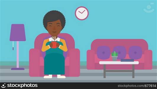 An african-american woman wrapped into a plaid sitting in chair in living room and holding a cup of hot flavored tea vector flat design illustration. Horizontal layout.. Woman sitting in chair with cup of tea.