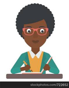An african-american woman writing an article in her writing-pad vector flat design illustration isolated on white background.. Reporter writing an article.