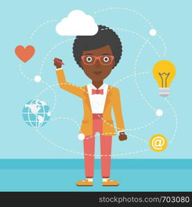 An african-american woman writing on a virtual screen. Business woman drawing a cloud computing diagram on a virtual screen. Cloud computing concept. Vector flat design illustration. Square layout.. Business woman and cloud computing.
