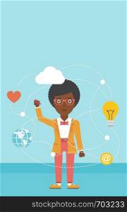 An african-american woman writing on a virtual screen. Business woman drawing a cloud computing diagram on a virtual screen. Cloud computing concept. Vector flat design illustration. Vertical layout.. Business woman and cloud computing.