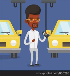 An african-american worker of car factory. Engineer at work on car factory. Worker controlling modern automated assembly line for cars. Car production. Vector flat design illustration. Square layout.. Worker controlling automated assembly line for car