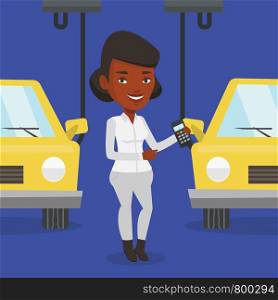 An african-american worker of car factory. Engineer at work on car factory. Worker controlling modern automated assembly line for cars. Car production. Vector flat design illustration. Square layout. Worker controlling automated assembly line for car