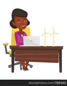 An african-american worker of wind farm working on a laptop. Engineer projecting wind turbine. Smiling worker with model of wind turbine. Vector flat design illustration isolated on white background.. Woman working with model wind turbines.