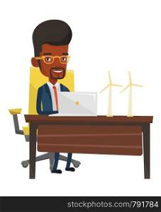 An african-american worker of wind farm working on a laptop. Engineer projecting wind turbine. Smiling worker with model of wind turbine. Vector flat design illustration isolated on white background.. Man working with model wind turbines on the table.