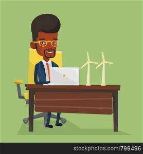 An african-american worker of wind farm working on laptop. Engineer projecting wind turbine. Worker with model of wind turbine. Vector flat design illustration. Square layout.. Man working with model wind turbines on the table.